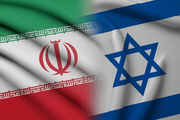 Waving flags of Iran and Israel positioned side by side, symbolizing geopolitical tension and international relations, with realistic fabric texture and lighting.

