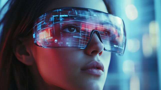 Photo realistic augmented reality glasses in use by a young adult, showcasing futuristic wearable tech with immersive digital overlays.