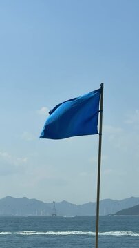 A blue flag against a backdrop of palm trees develops in the wind. Swaying blue flag against the background of the sea and palm trees. Medium level of danger. A strong wind is blowing. Flag on the coa
