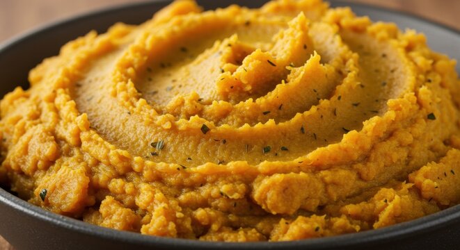 Closeup Mashed Pumpkin Dish In Dark Bowl