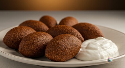 Brown Kibbeh Balls With White Yogurt Dip On Plate