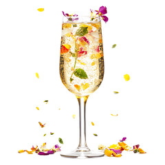 Elegant Glass of Sparkling Beverage with Floating Flower Petals and Leaves