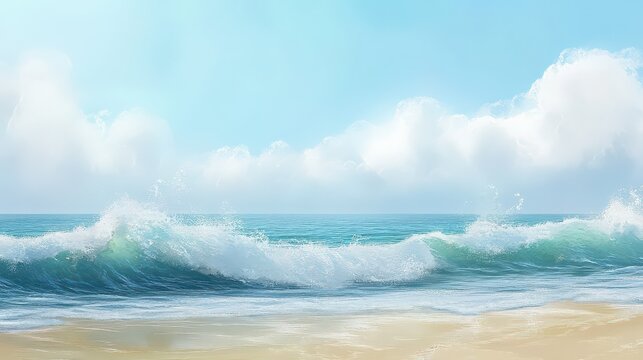 A serene beach scene with gentle waves rolling onto the shore under a soft blue sky with fluffy clouds