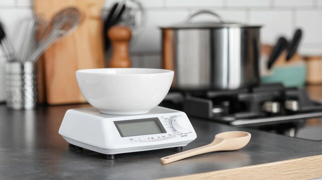 A kitchen scale beside a measuring cup for precise cooking