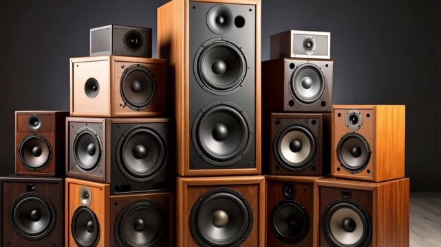 Collection of vintage audio speakers in varying sizes and wood finishes, stacked haphazardly against a dark backdrop, showcasing home sound systems