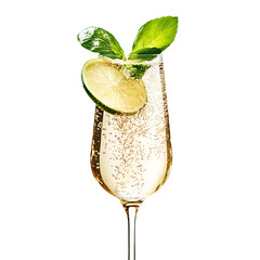 Sparkling Drink with Lime and Mint in a Flute Glass
