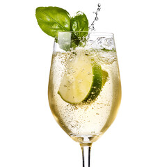 Sparkling drink in a glass garnished with lime and basil
