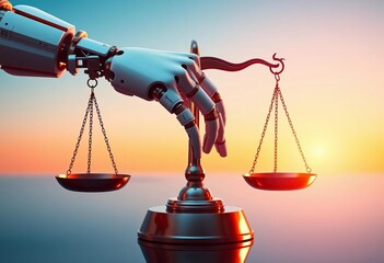 AI robotic hand delicately balances a scale of justice,  wrong,  justice