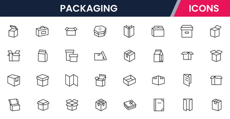 Vector illustration web line icon collection for packaging: boxes, bags, labels, and shipping symbols in a sleek, modern, and functional design style.