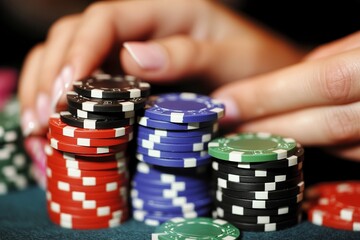Naklejka premium Colorful poker chips stacked on casino table with hand placing a bet in high-stakes game