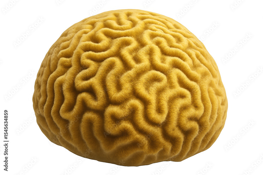 Poster yellow fuzzy brain glowing with creativity, representing neural networks and intellectual potential 