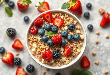 A vibrant bowl of muesli and berries, overhead,  granola,  raspberries