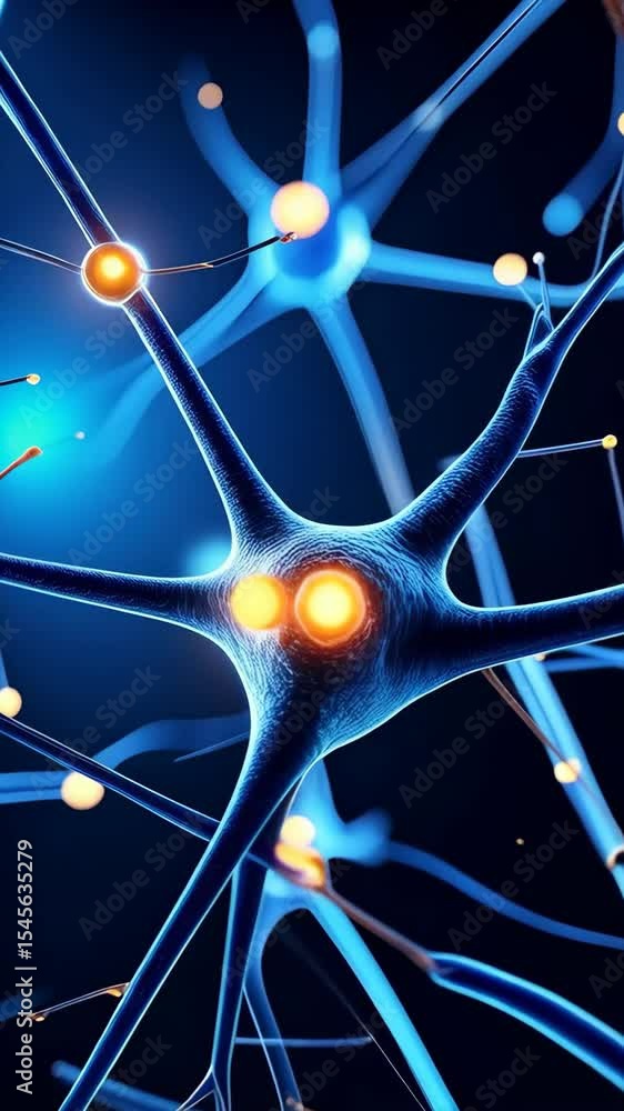 Poster abstract illustration of neural network with interconnected neurons and synapses for scientific or m