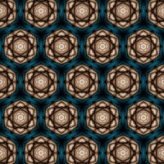 Intricate floral-inspired pattern showcasing circular shapes with layered textures in warm earth tones and deep blue accents.