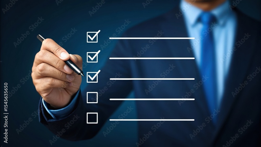 Poster digital task completion hand using stylus to check virtual checklist. modern business professional w
