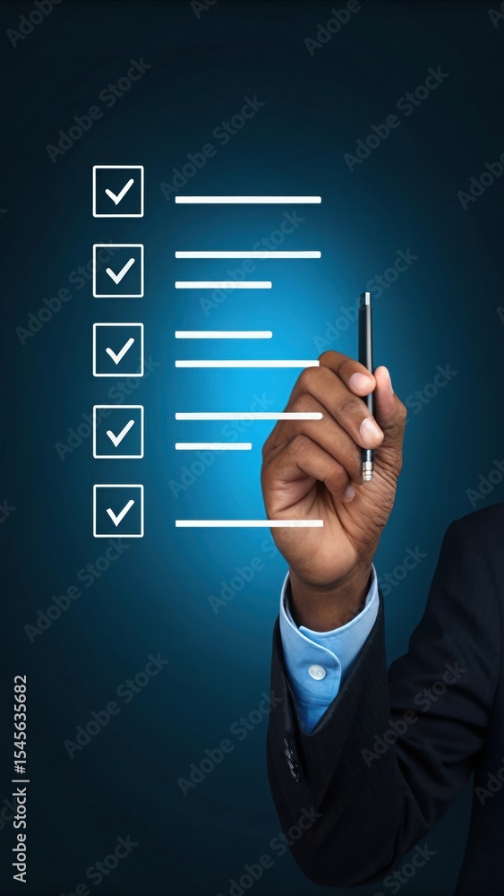 Poster digital task completion hand using stylus to check virtual checklist. modern business professional w