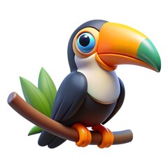 Naklejka premium Adorable 3d cartoon toucan perched on branch isolated on white background