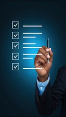 Digital Task Completion Hand Using Stylus to Check Virtual Checklist. Modern Business Professional with Digital Organization Tools. Sleek Illustration of Task Management in Corporate Setting.