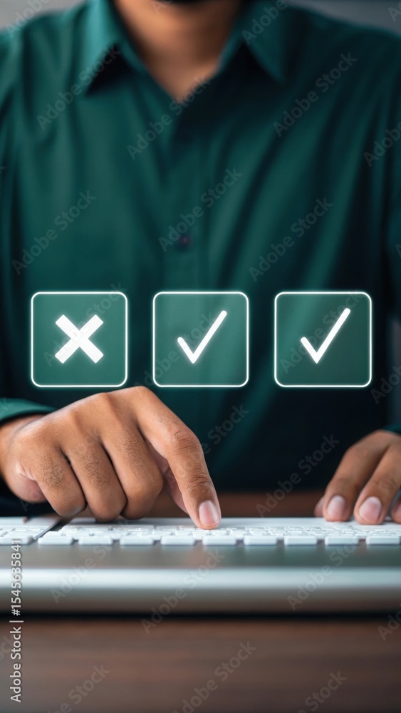 Poster digital decision-making hand selecting checkmark on transparent interface. modern tech illustration 
