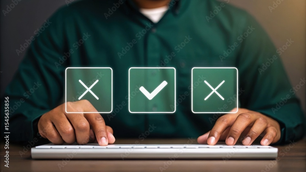 Poster digital decision-making hand selecting checkmark on transparent interface. modern tech illustration 