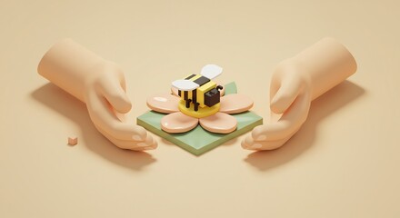 Bee on Flower Protected by Hands - 3d Render