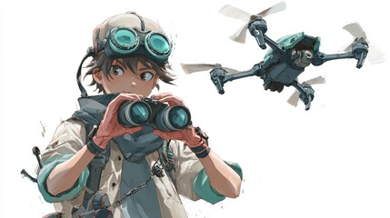 Anime boy in explorer outfit with binoculars and drone