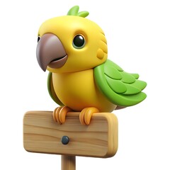 Obraz premium Cute cartoon parrot perched on wooden sign isolated on white background