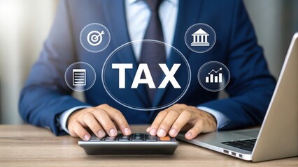 Financial Tax Planning: Business Professional with Calculator and Laptop. Digital Composite of Finance and Taxation Icons. Modern Corporate Setting with Tax-Related Graphics.