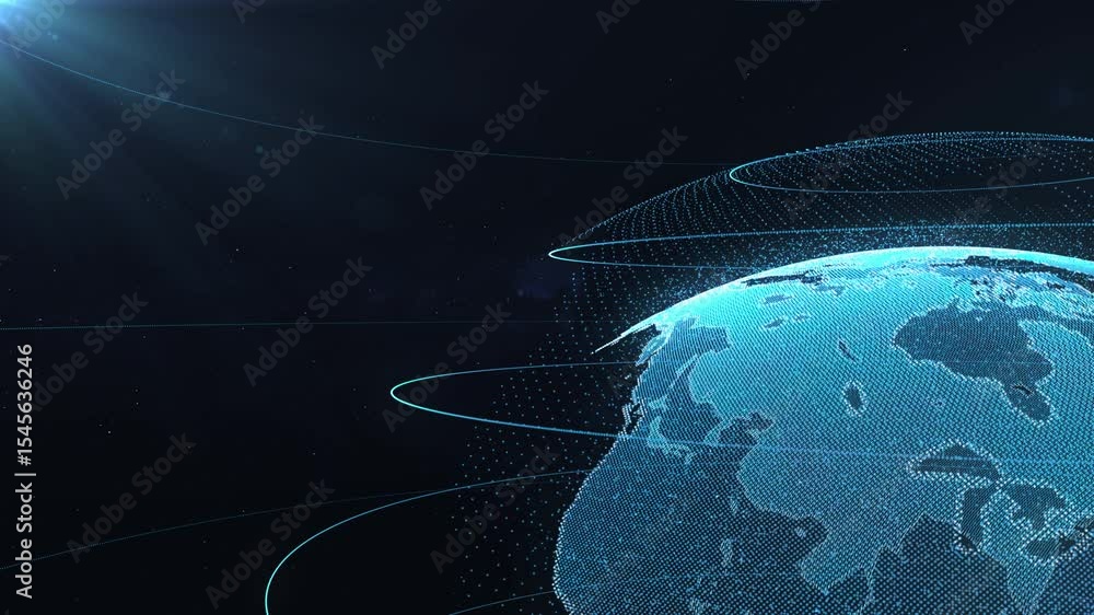 Poster glowing green globe technology rotating on the right side of the deep universe. ideal for presentati