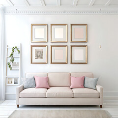 Modern Minimalist Living Room Decor White Sofa Gold Frames Pink Pillows Interior Design Inspiration