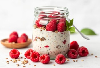 Creamy plant-based overnight oats layered with fresh raspberries & seeds in a glass jar,  healthy,   texture