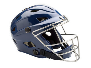 Navy blue baseball catcher's helmet with metal cage, protective gear, sports equipment, side view