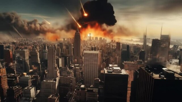 Cityscape Under Fire: Aerial View of Metropolis Facing Meteor Shower Impact