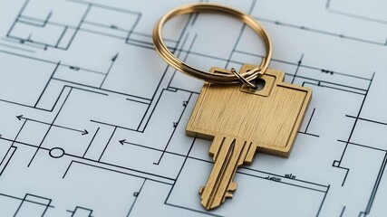 Golden Key Architectural Blueprint Symbolizing Property Ownership, Design, and Planning for New - Powered by Adobe