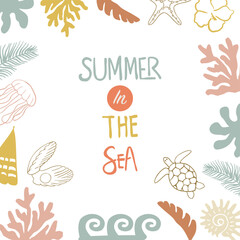 summer seamless pattern with shell,sun,coconut tree. Summer in the sea in square design