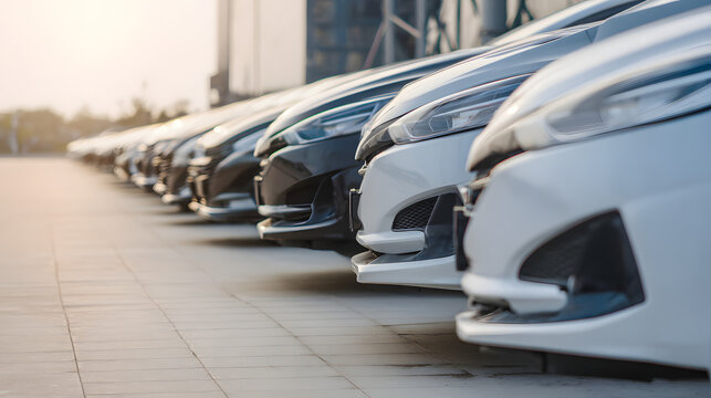 Shiny new cars lined up in a dealership, showcasing modern automotive elegance and sleek design.