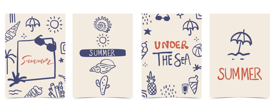 cute doodle summer background with shell,coral,tree for vertical A4 design