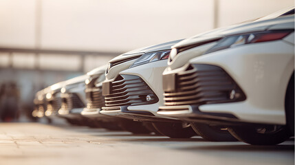 Shiny new cars lined up in a dealership, showcasing modern automotive elegance and sleek design.