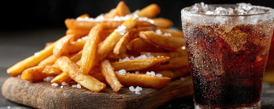 Processed meals contain greasy calories and salty soda taste concept. Delicious French fries and a refreshing cola drink on wooden board.
