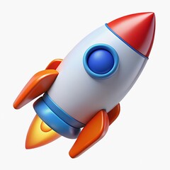 3D cartoon rocket launching, red orange blue, glossy, isolated on white