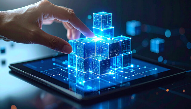 Digital Touch: A futuristic composition of a hand interacting with a glowing digital cube structure on a tablet, symbolizing technology's power.