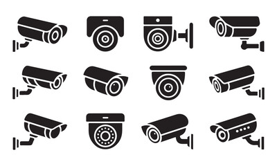 Surveillance Security Camera Icons Set, A set of various security camera icons in a flat, solid black design vector art on white