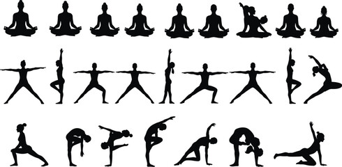Silhouette of women practicing yoga poses, meditation, and stretching exercises, fitness body posture set, spiritual workout illustration, healthy lifestyle, flexibility training on white background