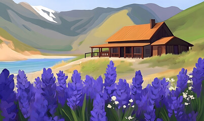 Rustic mountain home lakeside scene