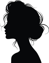 Elegant female silhouette profile with messy bun hairstyle, artistic black woman head illustration, isolated on white background, ideal for beauty, fashion, vintage, and feminine designs