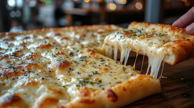Rectangular Pizza with Cheese and Herbs, Slice Being Lifted