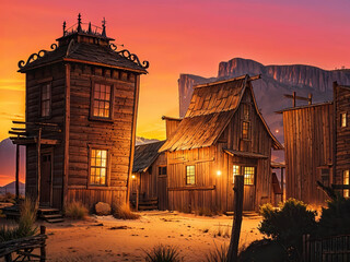 illustration painting impression of ramshackle old West town at sunset