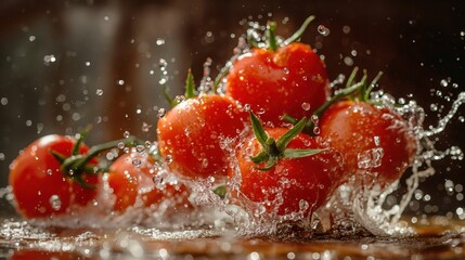 Ripe cherry tomatoes glisten amidst a refreshing splash of water, capturing the vibrant essence of a fresh, juicy harvest