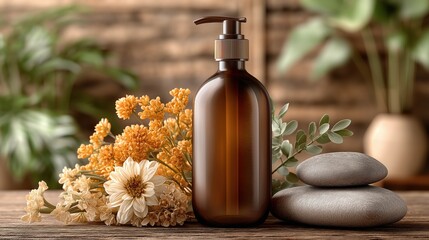 An elegant amber glass pump bottle mockup, surrounded by serene spa stones and delicate botanicals, embodies the essence of natural wellness and holistic self-care
