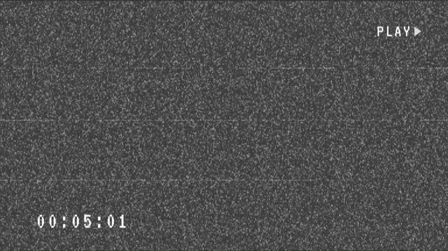 Play VHS effect and timecode with noise line overlay on grey background. 4k stock video